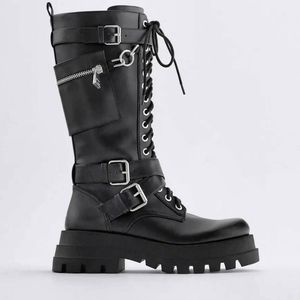 Zara High Shaft Laced Combat Boots with Pocket